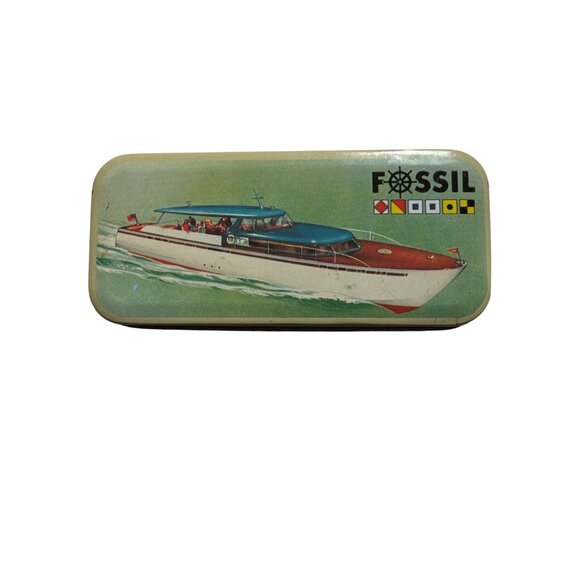 Vintage Fossil Tin Box With Classic Boat Graphic Model 501 1991 Collectors Decor - Picture 3 of 5